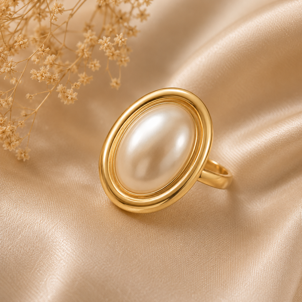 BAGUE PERLE BAROQUE – Monture Dorée & Acier Inoxydable | Ajustable