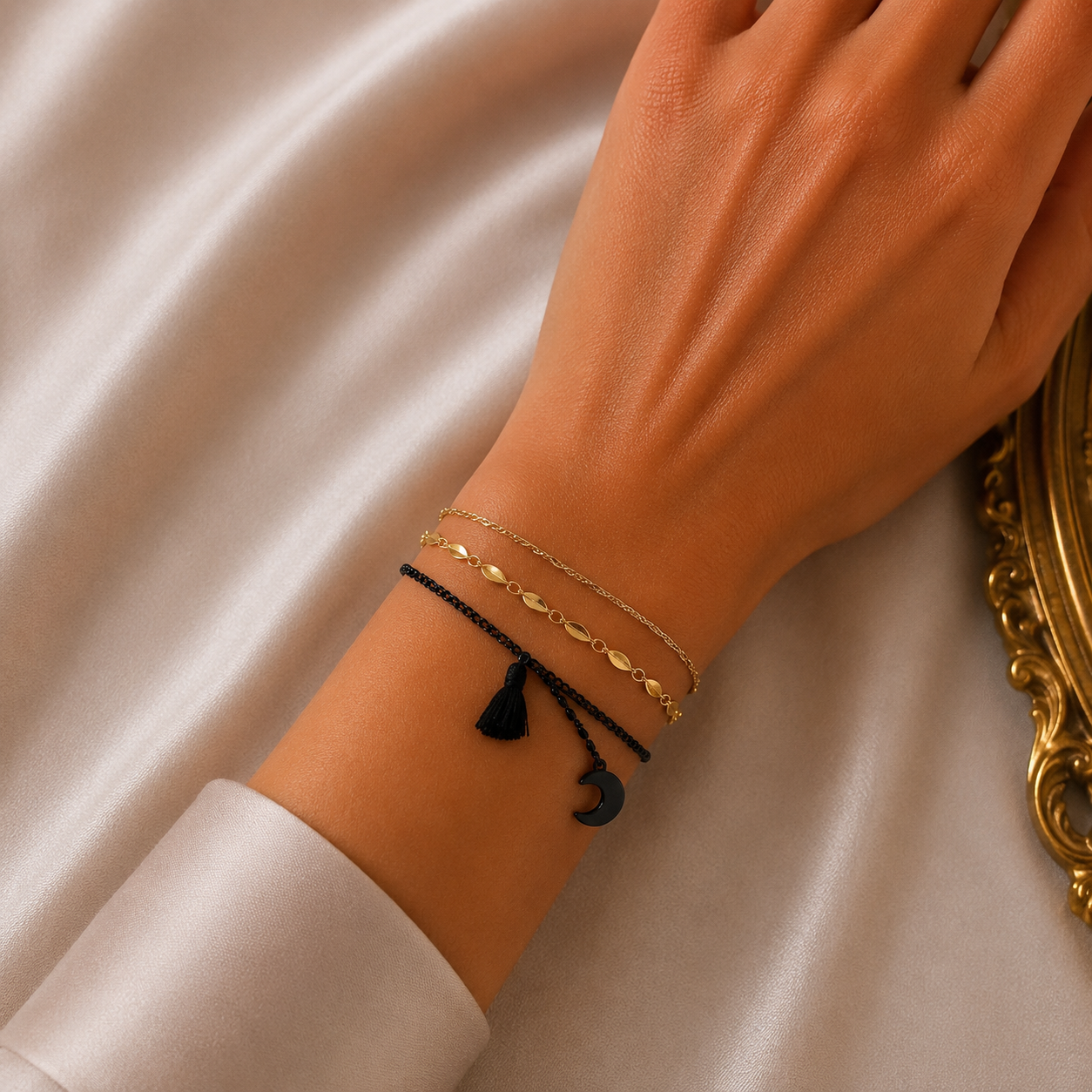 Multilayer Moon & Black Tassel Bracelet – Bohemian Elegance