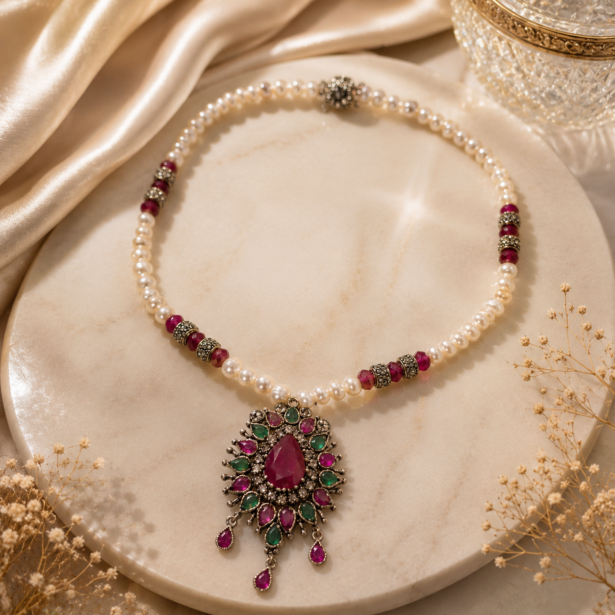 Collier de Perles Rubis & Émeraude – Élégance Royale ❤️💚