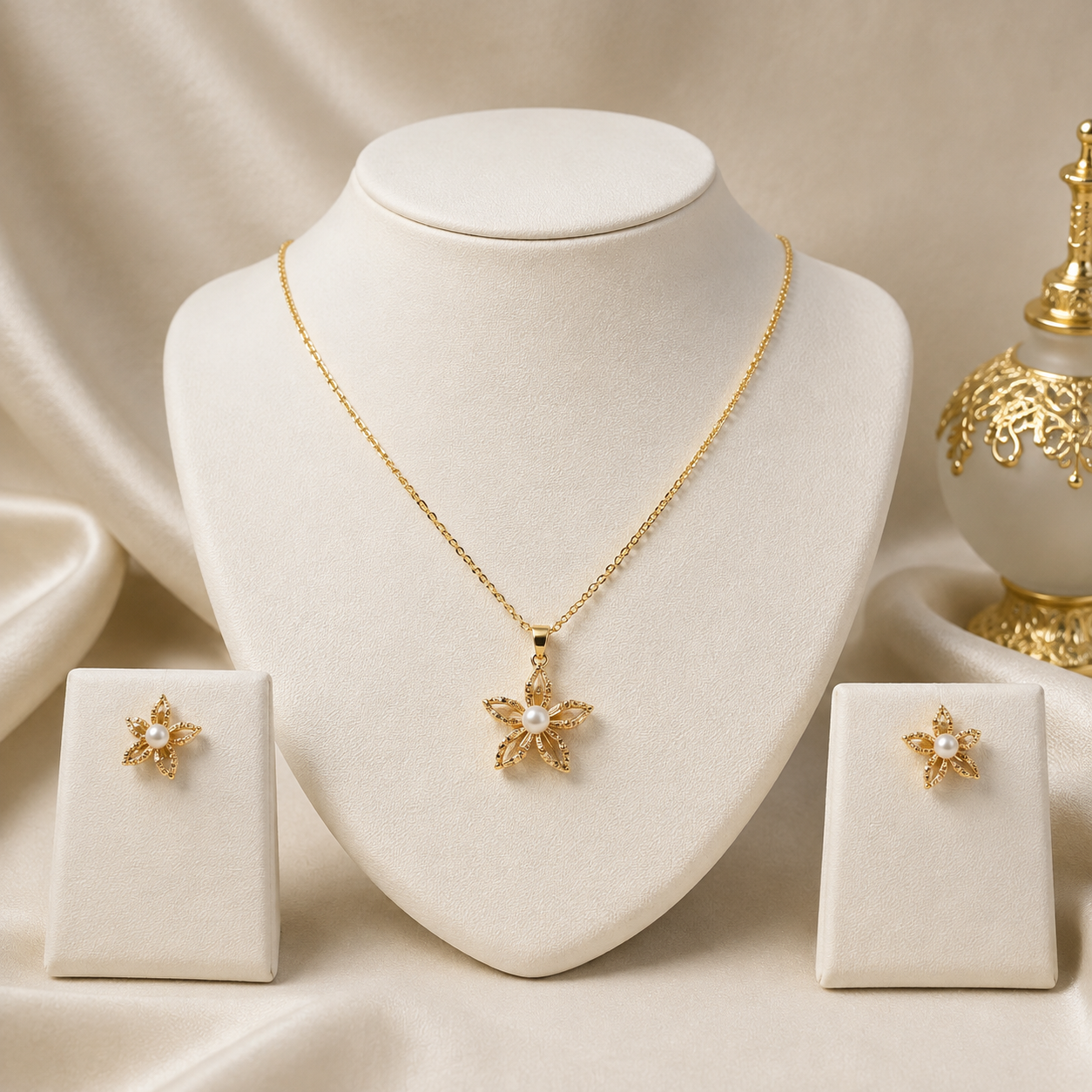 Parure fleur dorée et perle nacrée – collier pendentif et boucles d'oreilles clous sur présentoir bijoux