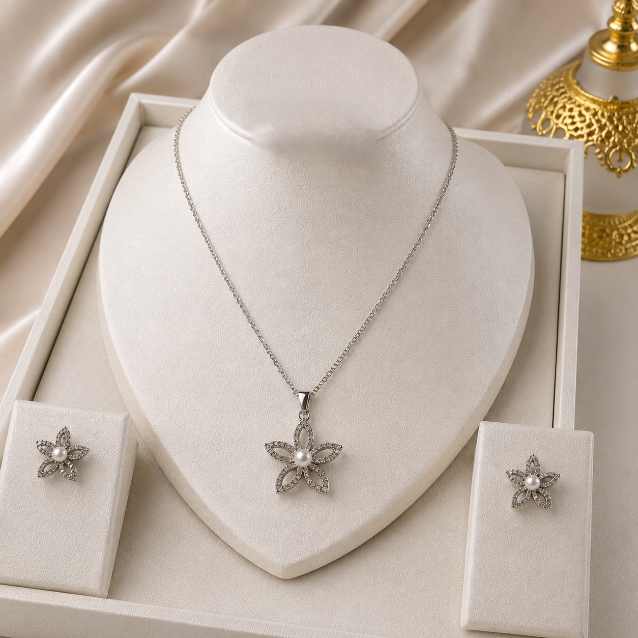 Parure Fleur Dorée & Perle – Collier Pendentif & Boucles d'Oreilles Clous