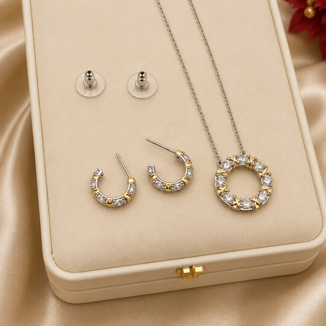 Parure Collier Cercle & Créoles Pavées – Or Rosé