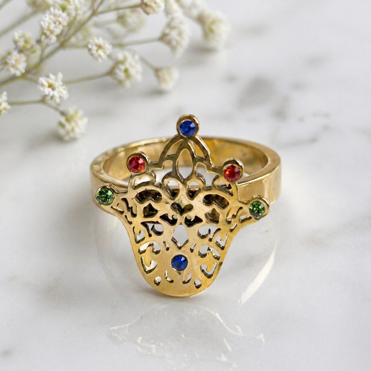 Bague Acier Doré Motif Artistique Multicolore Élégance Unique