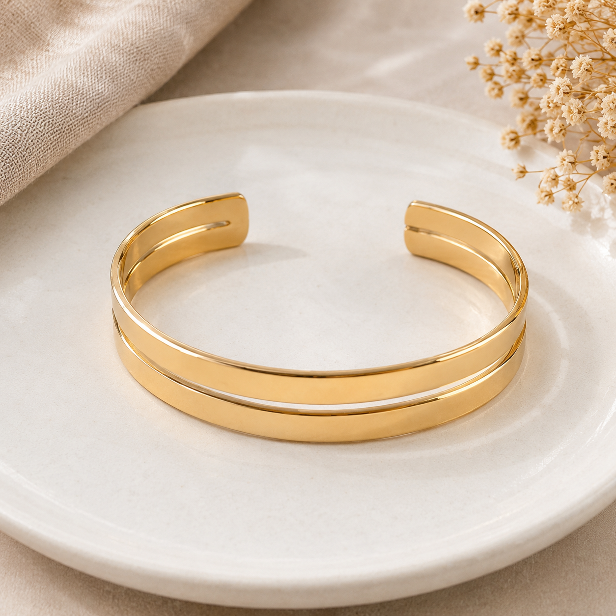 Double Line Gold Cuff Bracelet – Stainless Steel for Women | CN