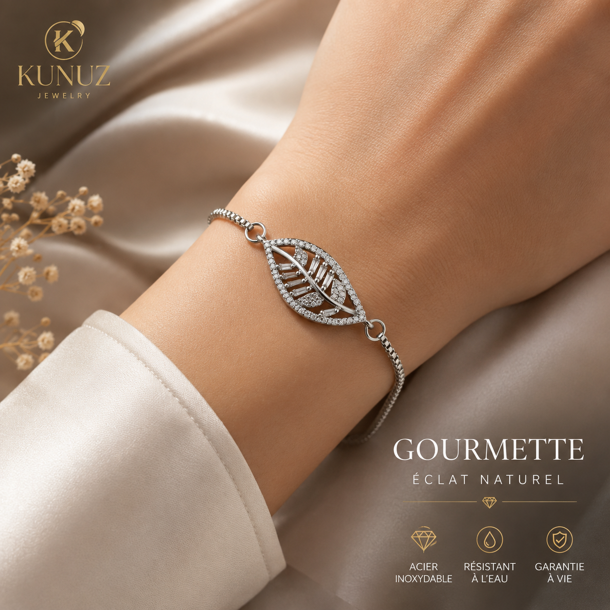 Gourmette Éclat Naturel – Pendentif Feuille Zircons