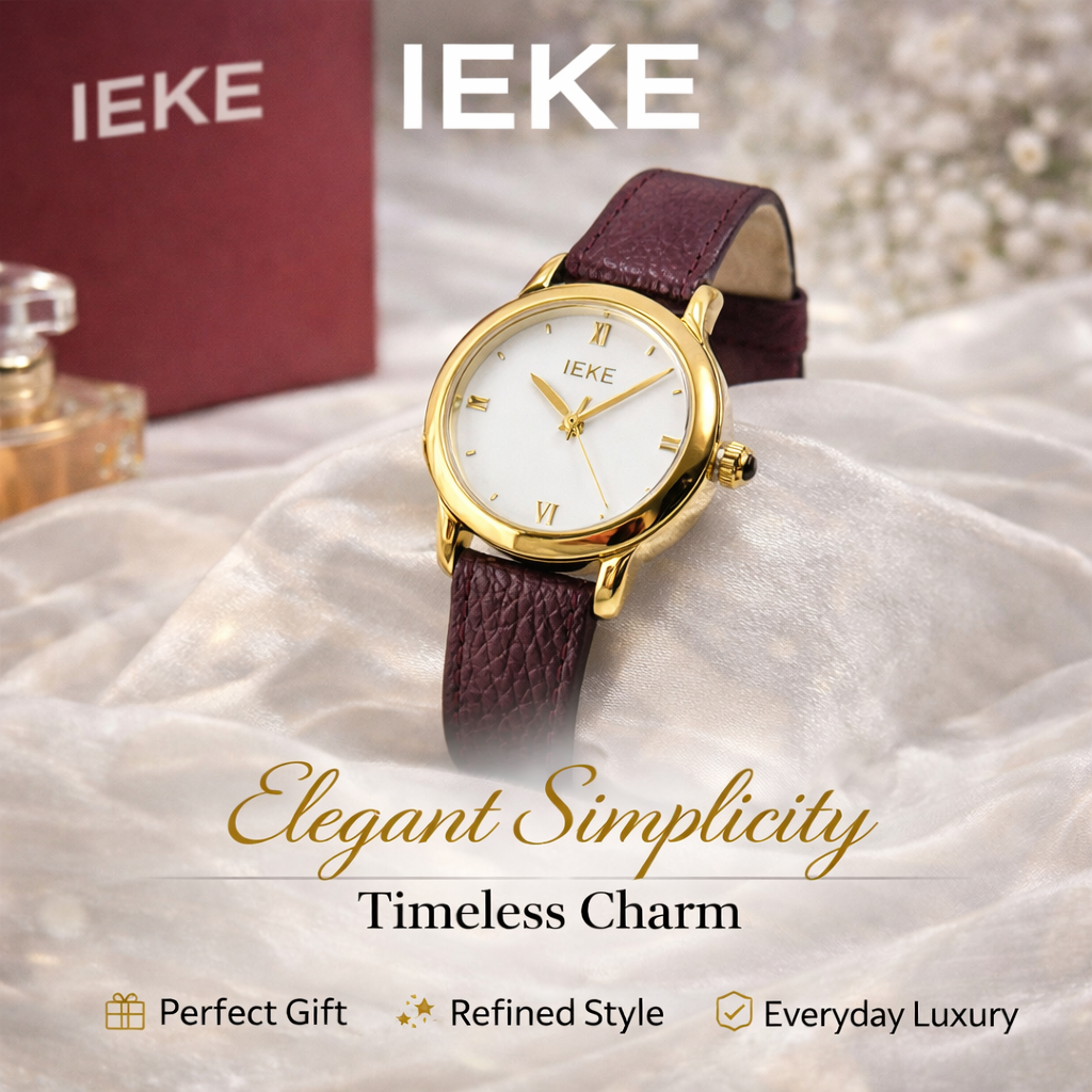 Women's Watch IEKE – Golden Elegance & Burgundy Strap
