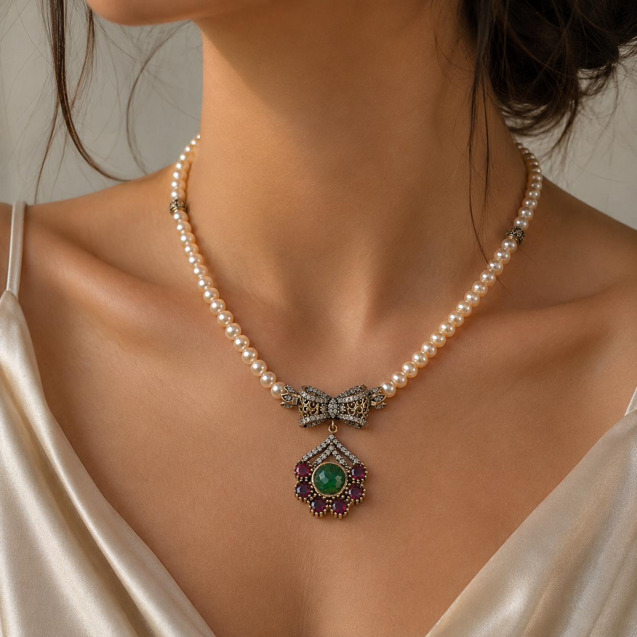 Collier djawher Perles d'Eau Douce — Charm Nœud & Pendentif Émeraude