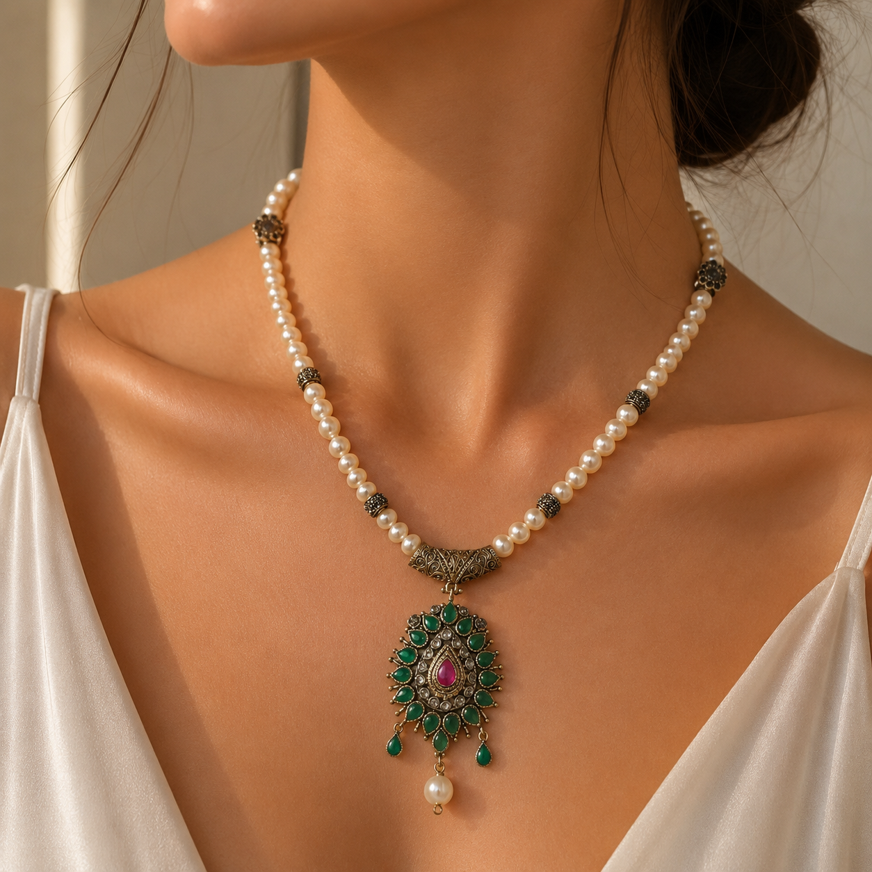 Collier djewher Perles d'Eau Douce — Pendentif Sunburst Émeraude & Rubis
