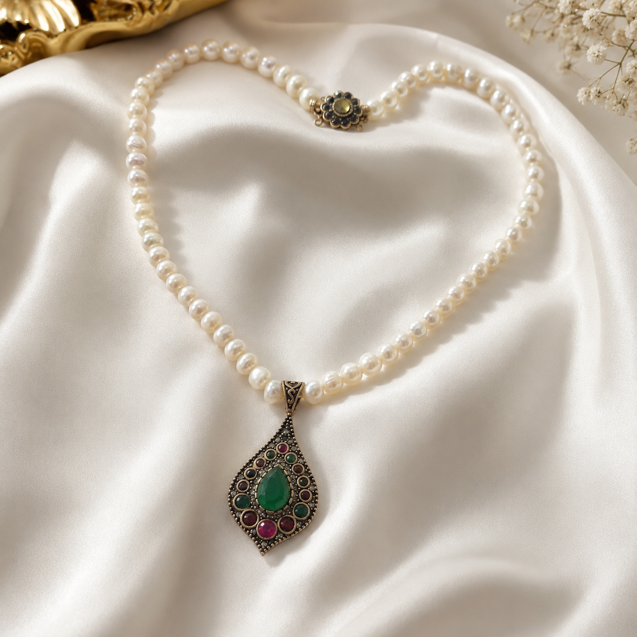Collier Djawher Perles d'Eau Douce — Pendentif Émeraude & Rubis
