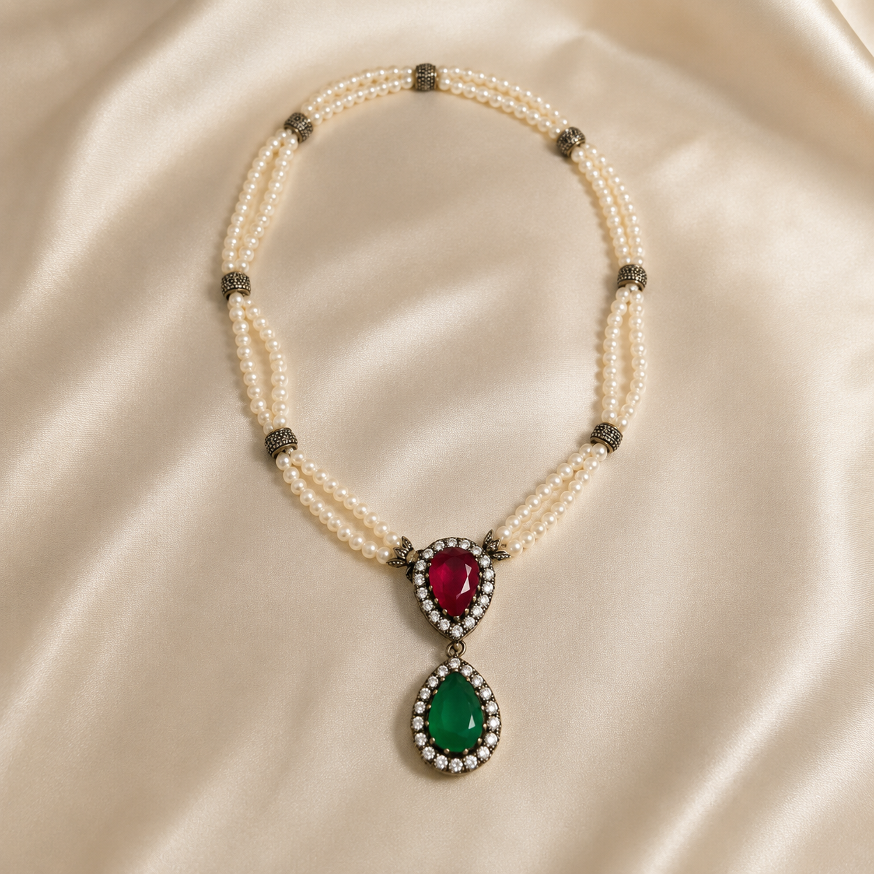 Collier Djawher Double Rang Perles & Pendentif  Émeraude Ottoman