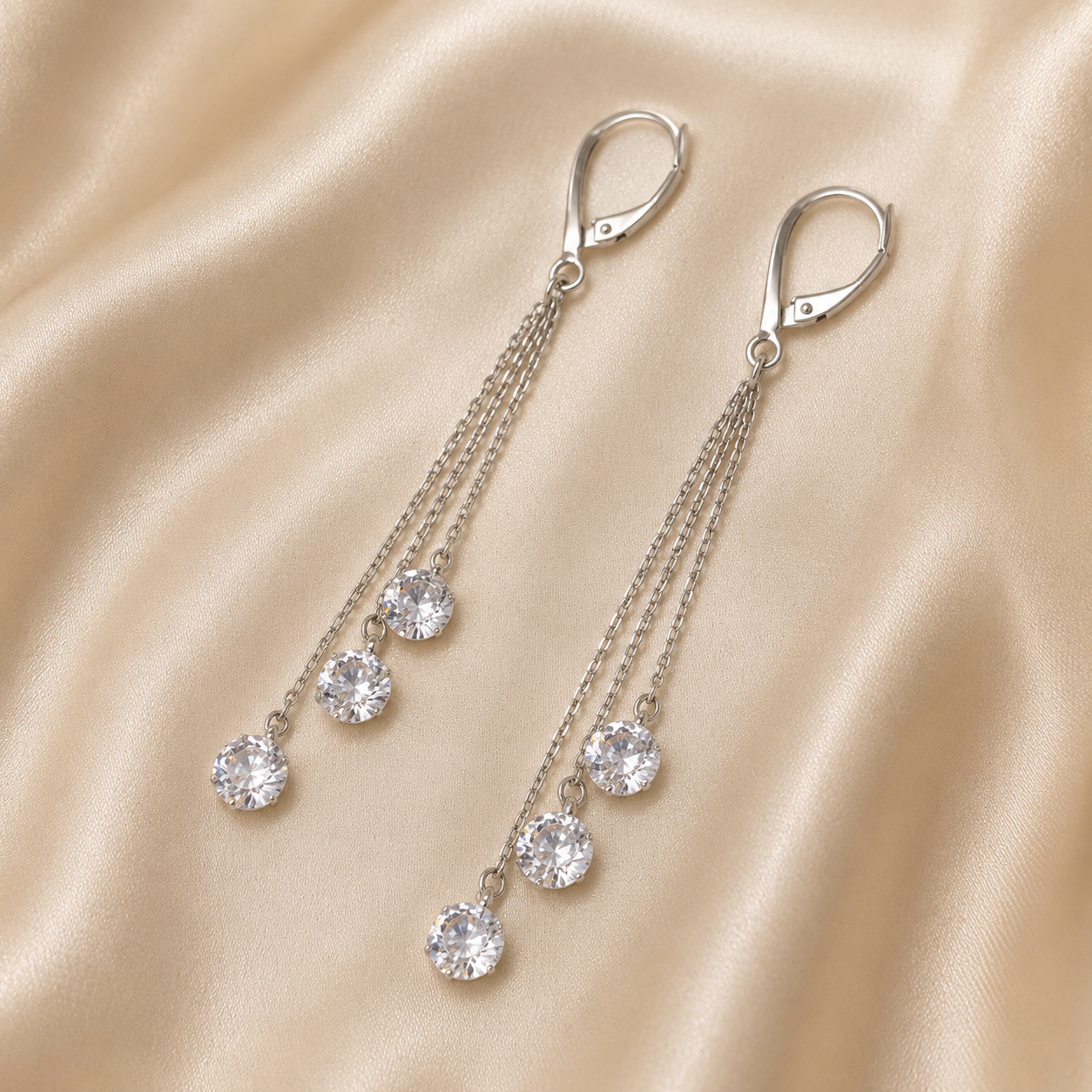 Boucles d'Oreilles Argent 925 Longues — Triple Chaîne  & Cristaux Scintillants