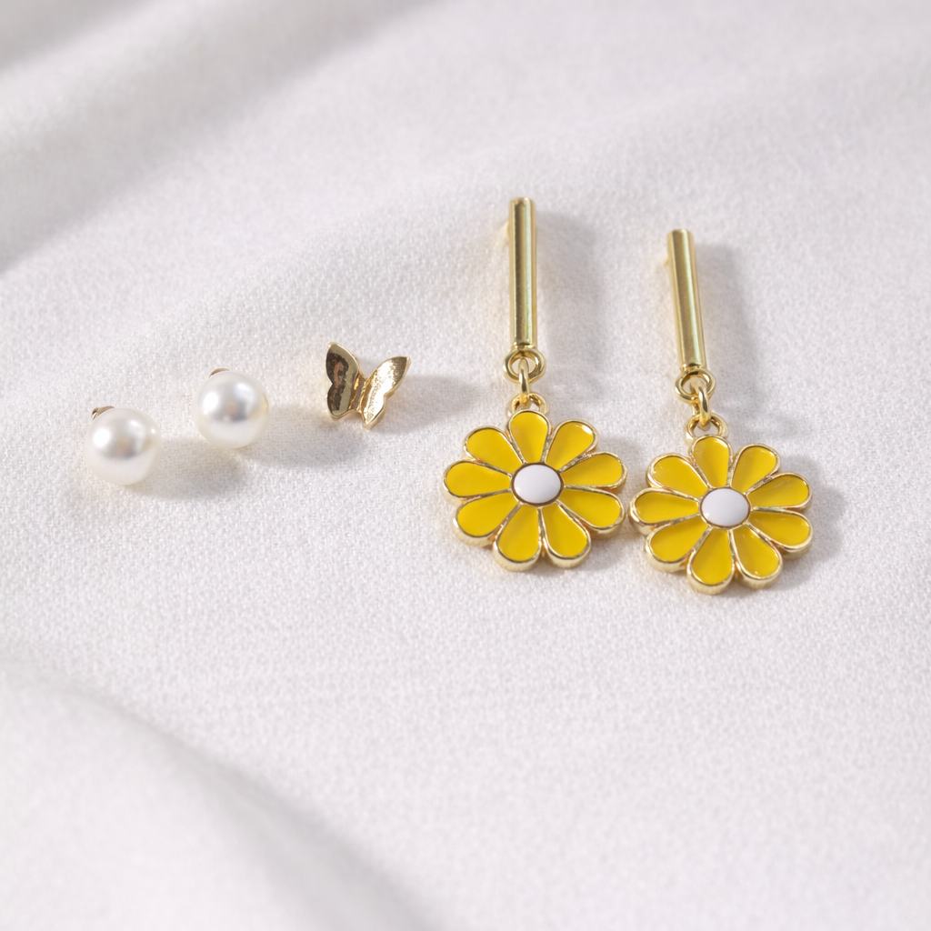 Set of 3 Pairs of Earrings – Pearls, Butterflies & Yellow Flowers – Feminine & Spring Style