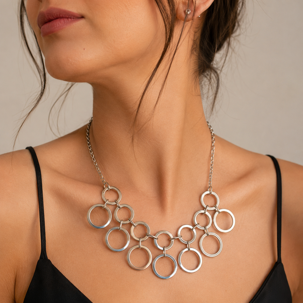 Stainless Steel Necklace – Cascade of Geometric Rings