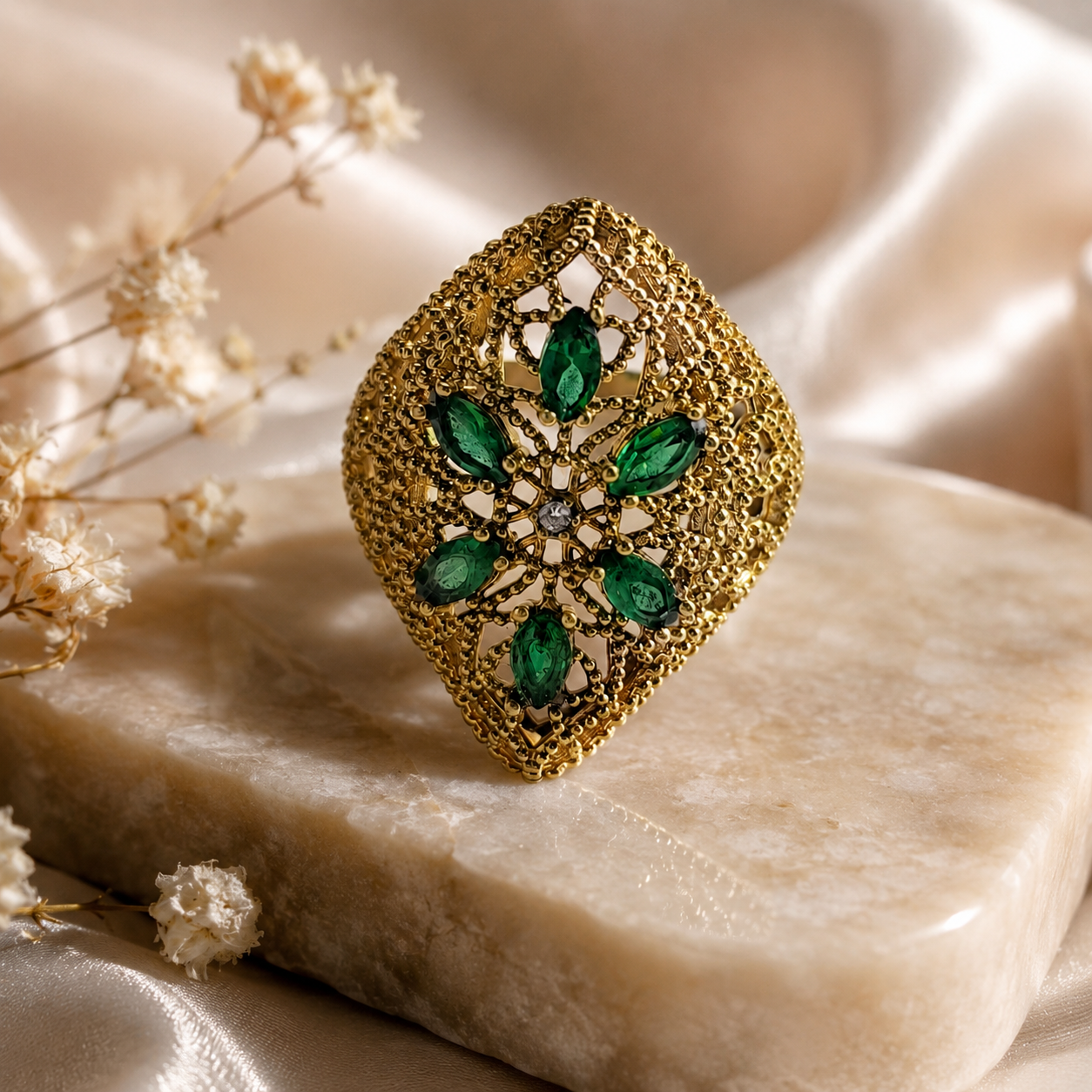 Bague Ottomane Émeraude – Dorée & Argent