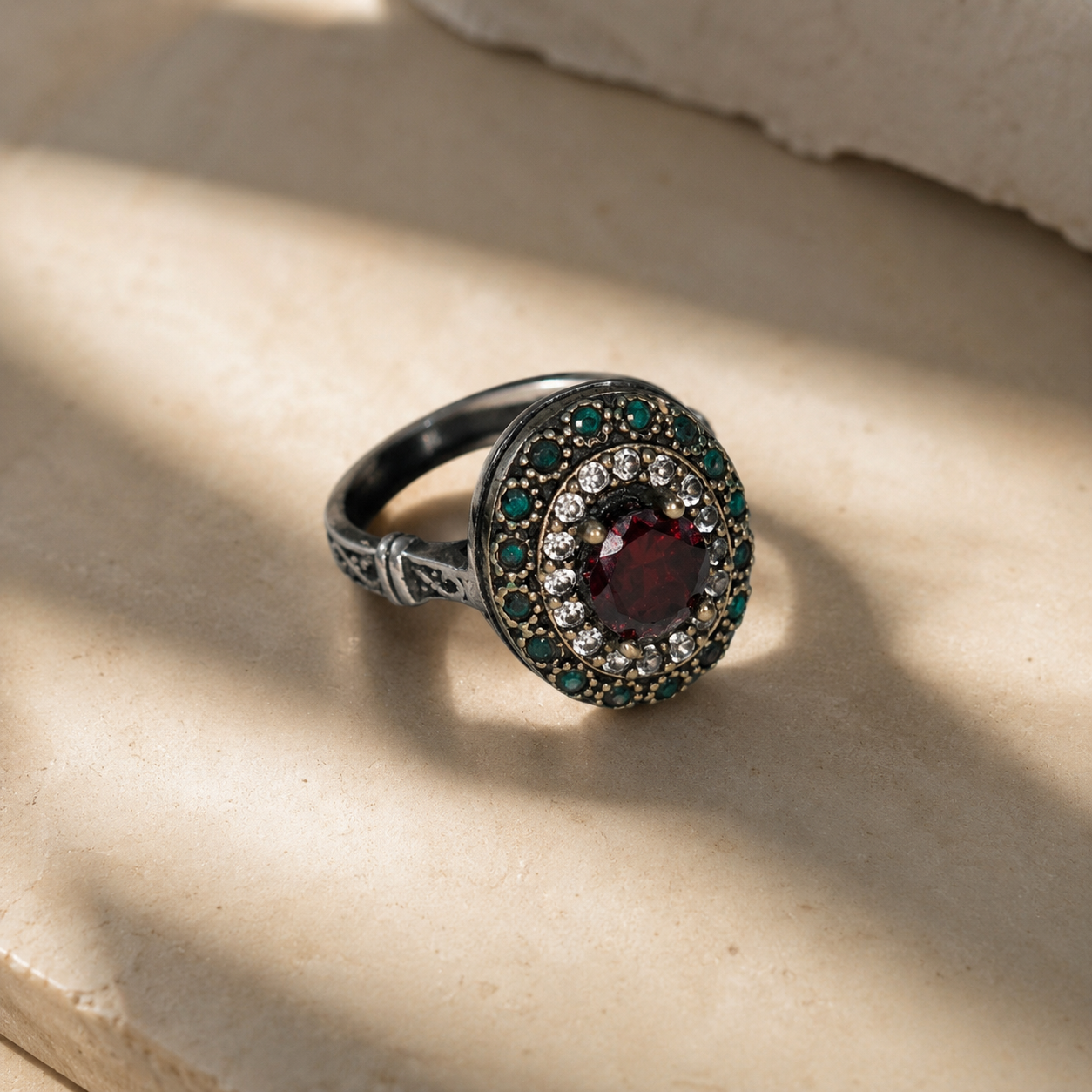 Bague Argent 925 Ottomane Rubis & Émeraudes –  Oxydé