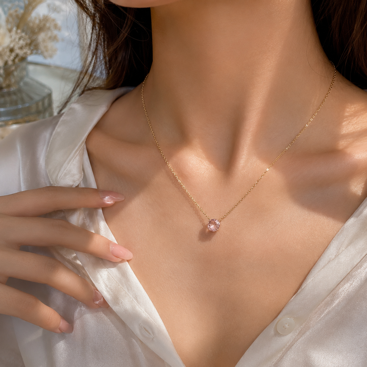 Collier Solitaire Quartz Rose Plaqué Or – CN Paris