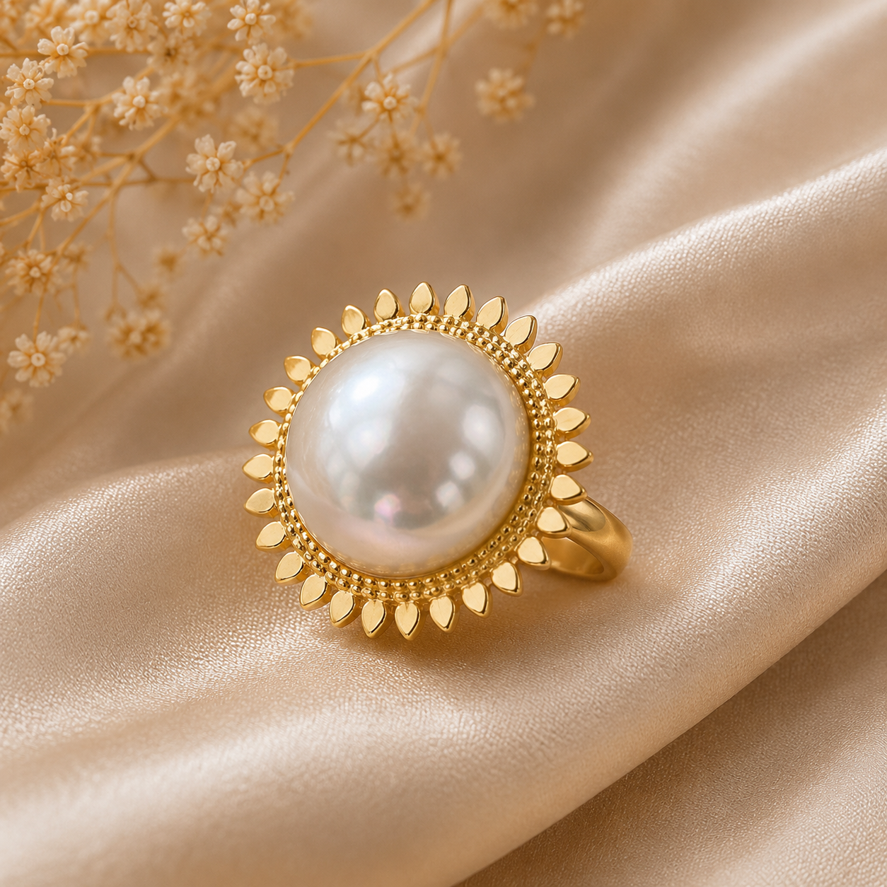 BAGUE SOLEIL PERLE BAROQUE – Monture Dorée & Acier Inoxydable | Ajustable