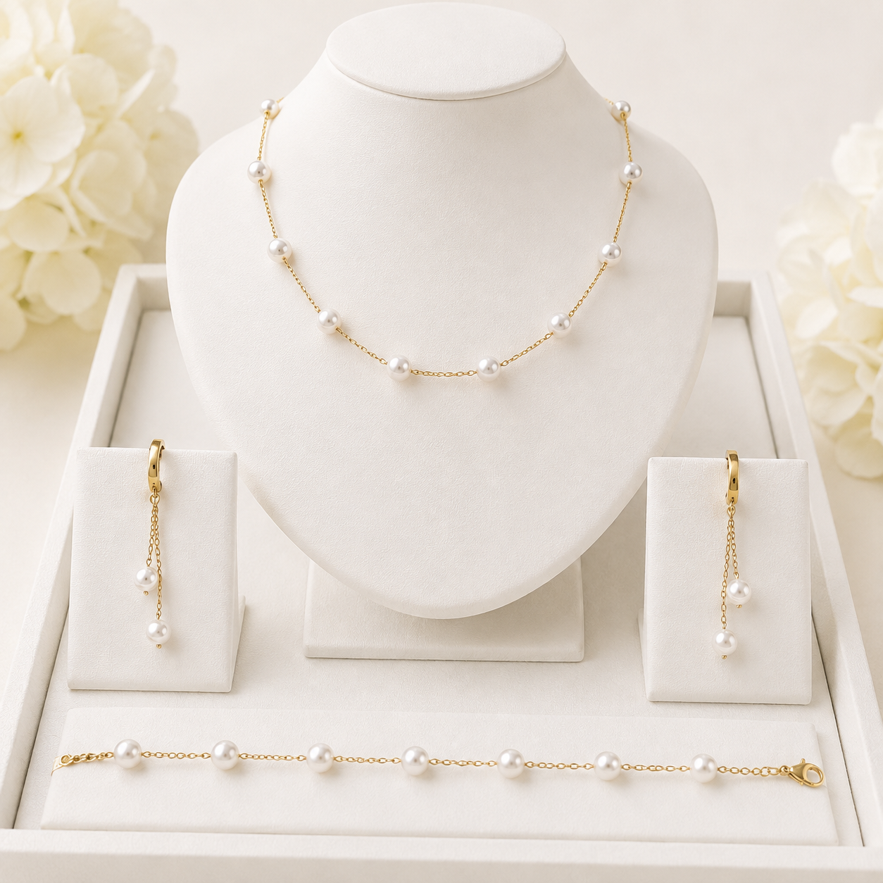 Parure Perles Flottantes – Collier, Bracelet & Boucles d'Oreilles
