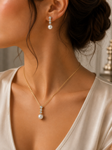 Parure Zircons & Perle Goutte Dorée – Collier Pendentif & Boucles d'Oreilles
