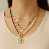 Collier Multi-Rangs Bohème Médaillon & Perles – Style Vintage Chic