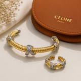 Parure Jonc Torsadé Bicolore & Bague Zircons Croisés