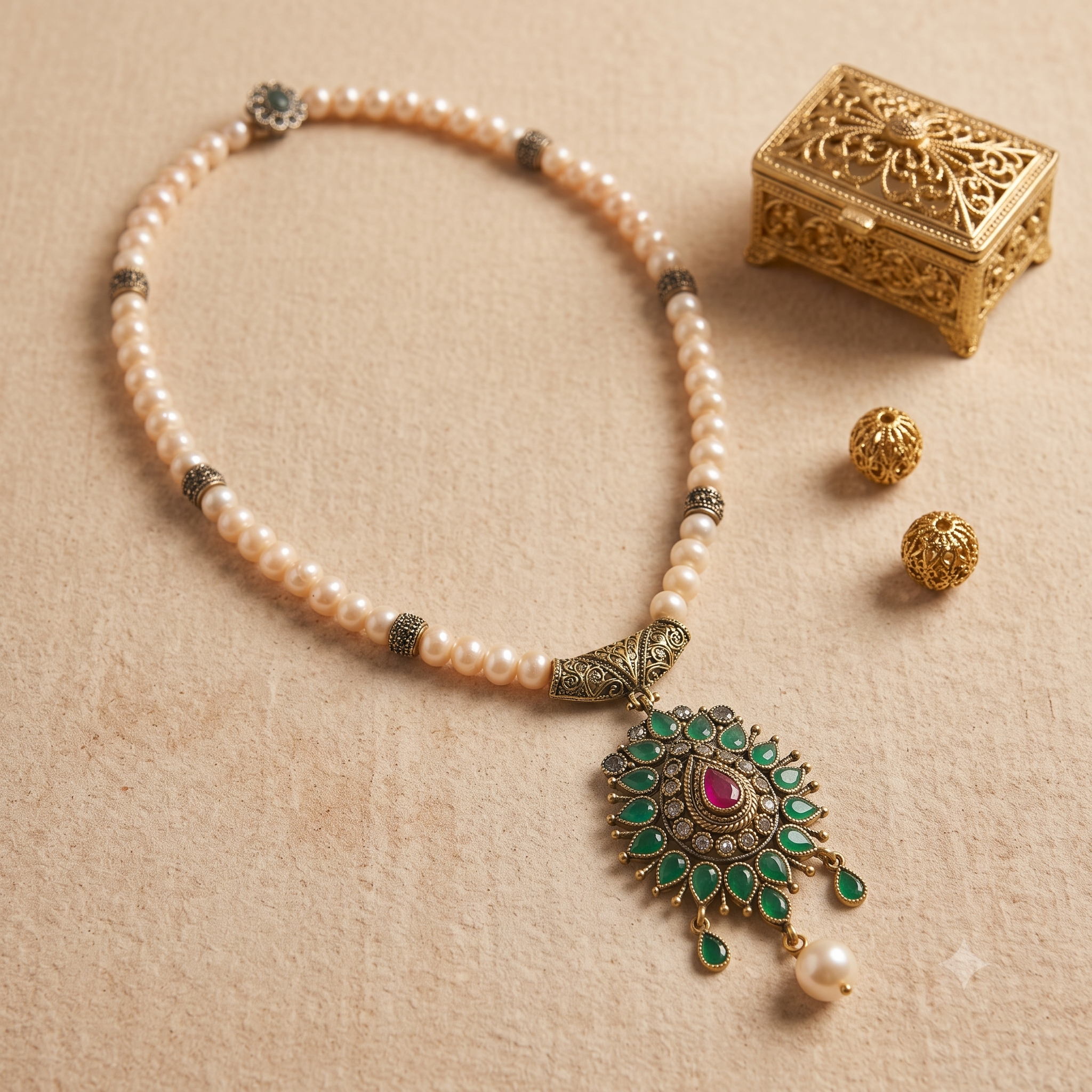 Collier djewher Perles d'Eau Douce — Pendentif Sunburst Émeraude & Rubis