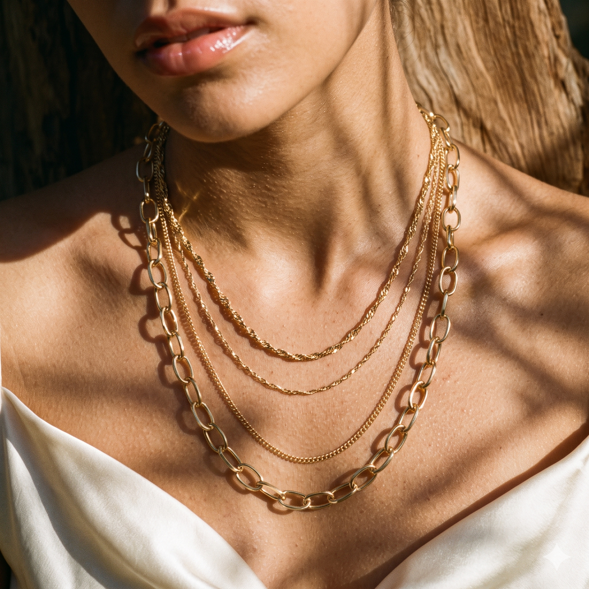 Collier quatre rangs à chaînes torsadées et maillons ovales