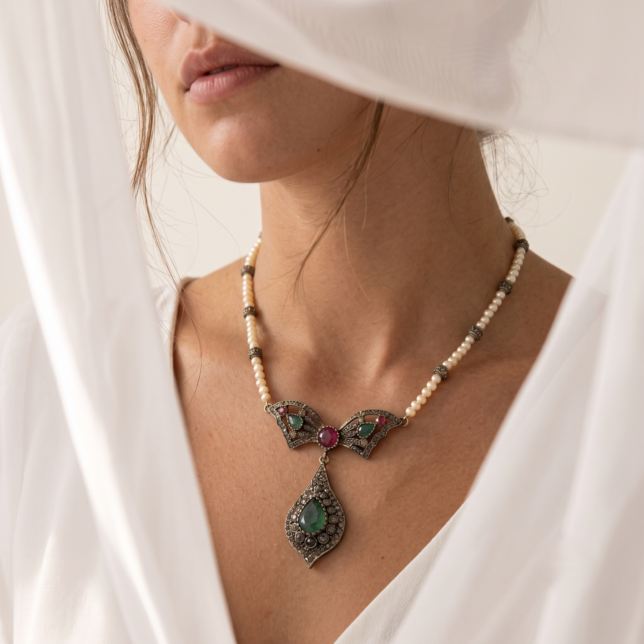 Collier Dalia à perles "djawher hour" et pendentif vert, style vintage