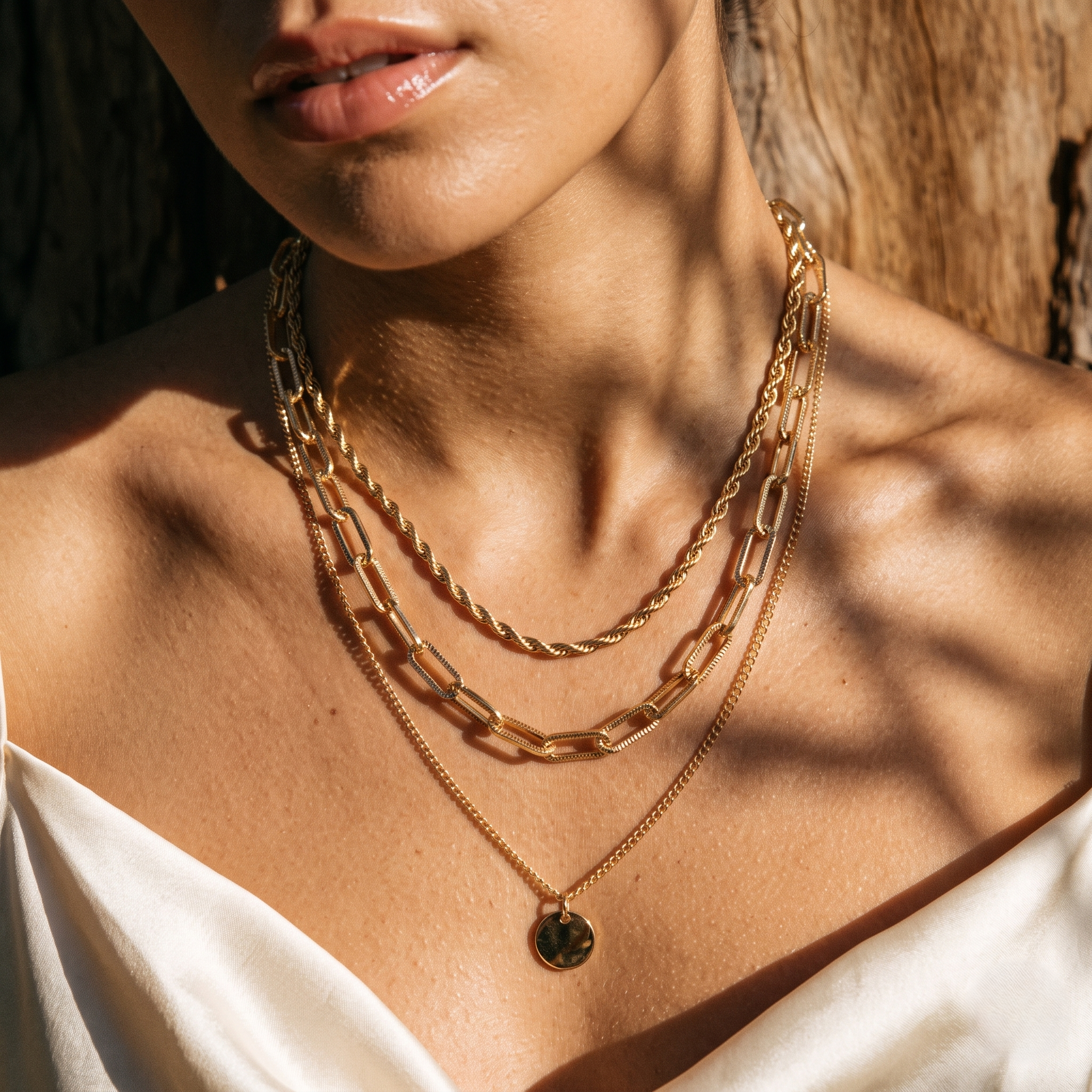 Collier Superposé Doré avec Pendentif Médaille