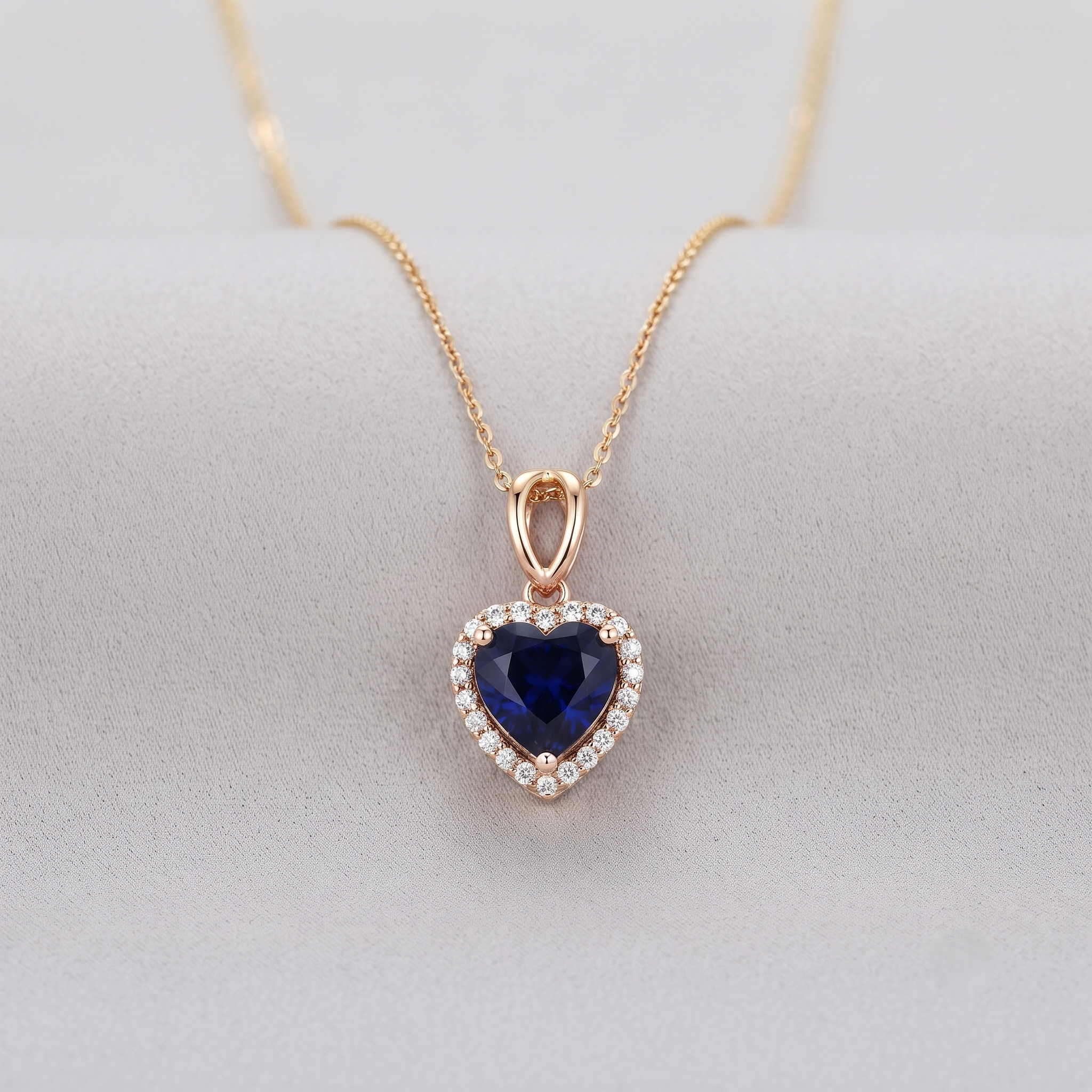 Collier pendentif cœur en cristal bleu saphir avec halo de cristaux blancs sur chaîne plaquée or rose