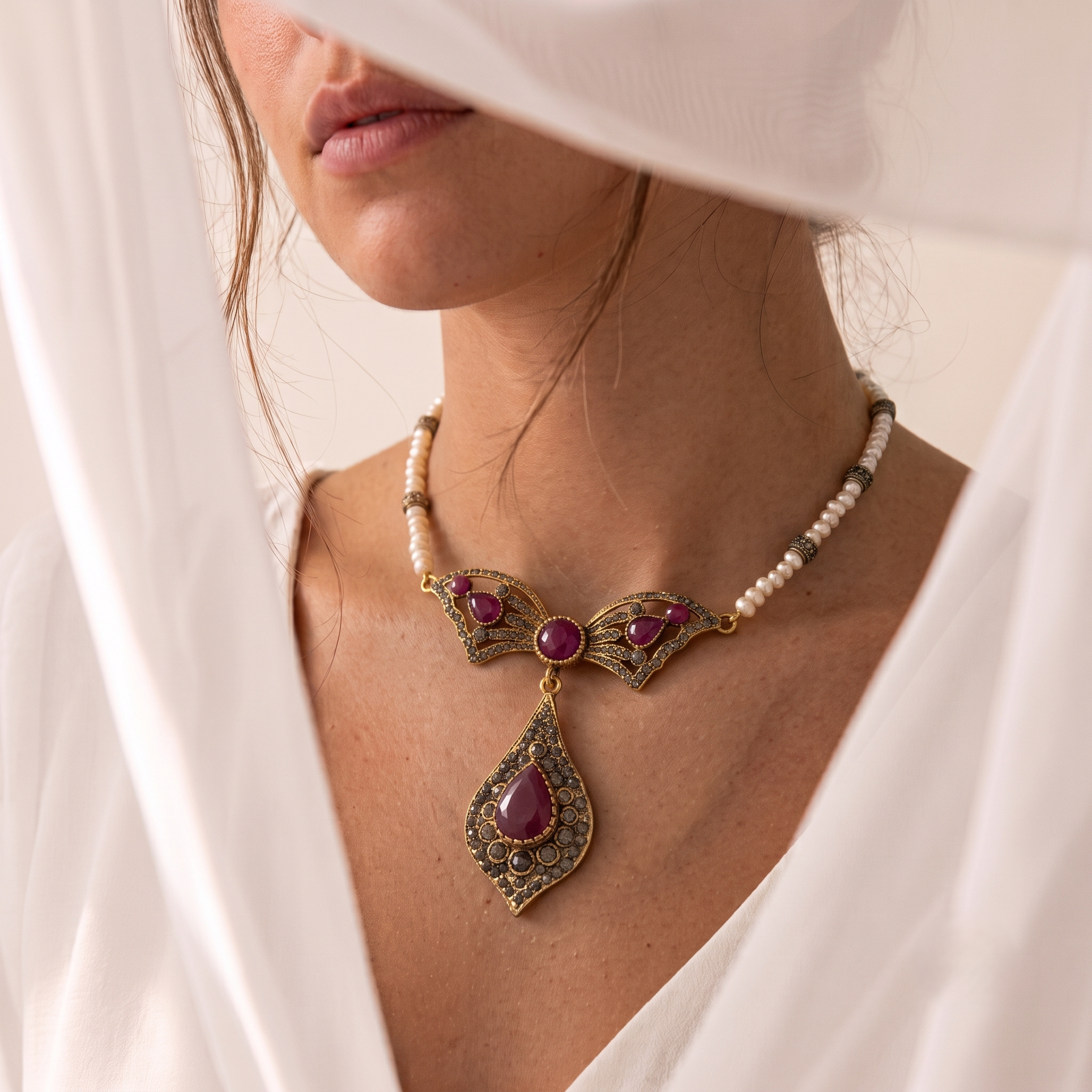Collier Dalia à perles "djawher hour" et pendentif vert, style vintage
