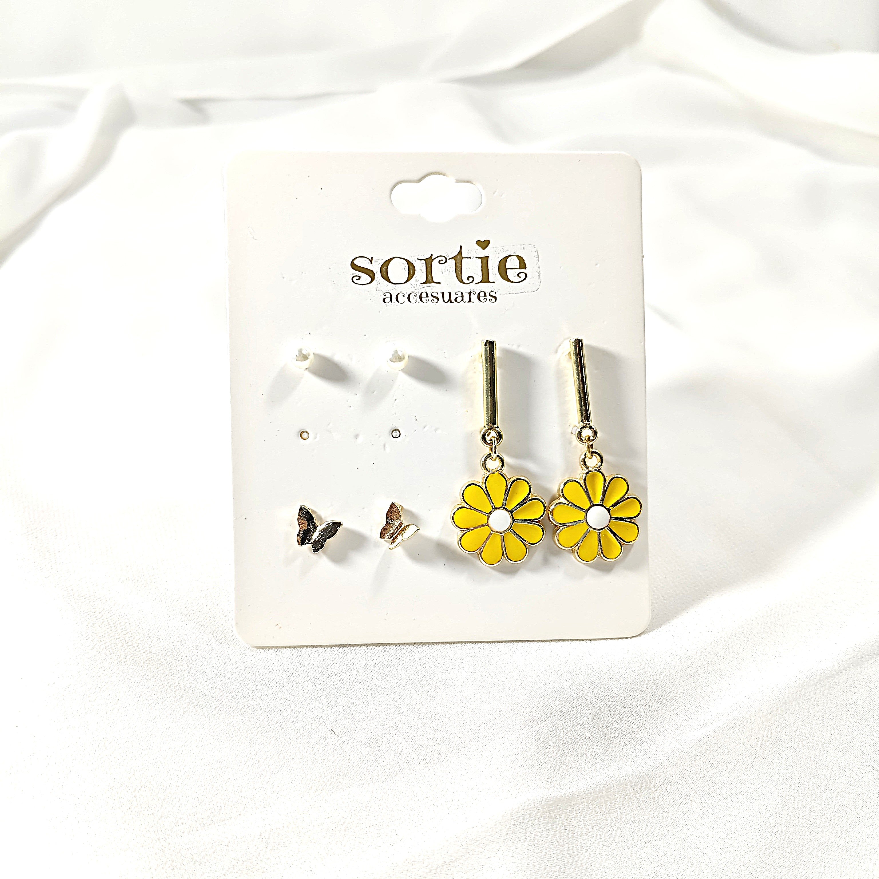 Set of 3 Pairs of Earrings – Pearls, Butterflies & Yellow Flowers – Feminine & Spring Style