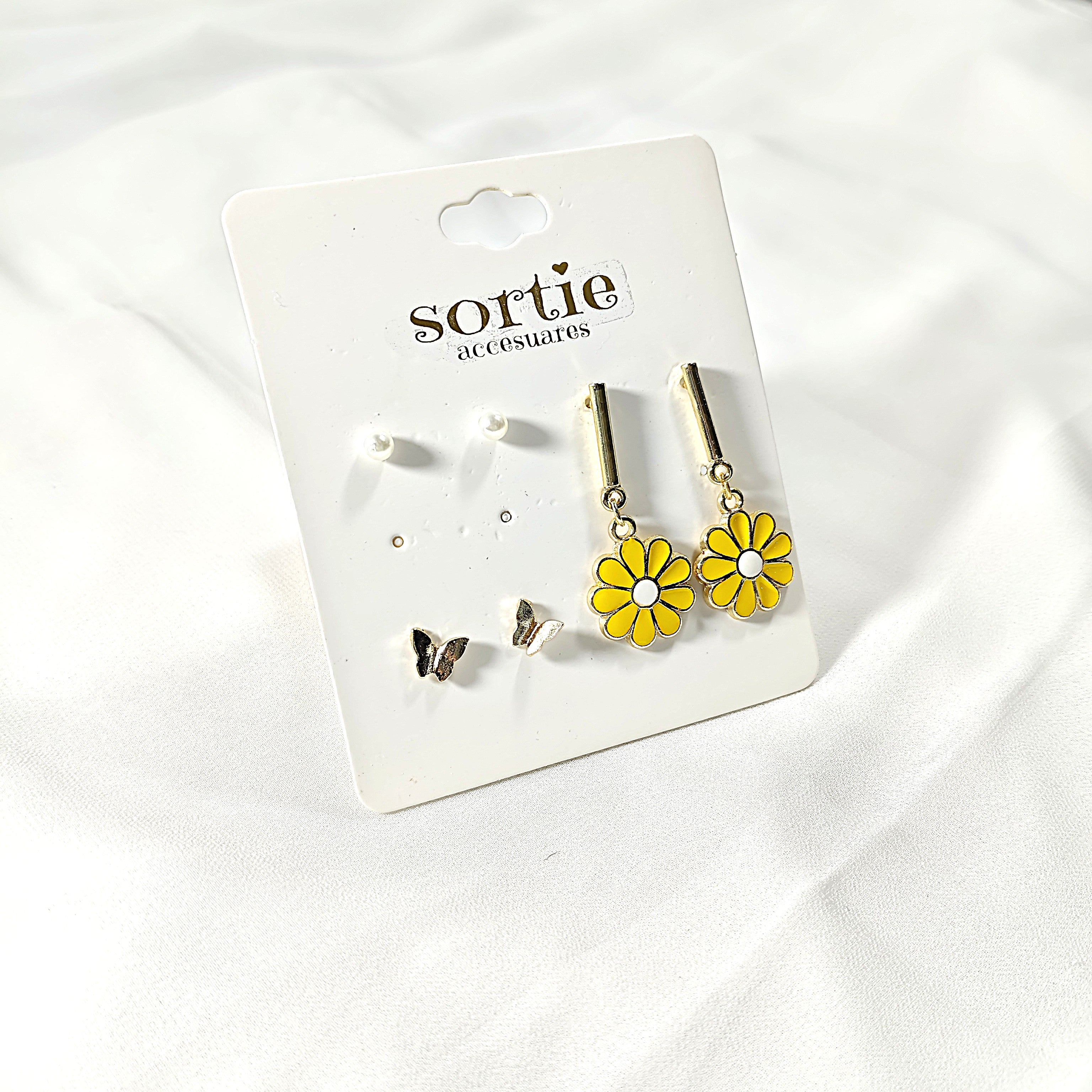 Set of 3 Pairs of Earrings – Pearls, Butterflies & Yellow Flowers – Feminine & Spring Style