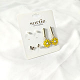 Set of 3 Pairs of Earrings – Pearls, Butterflies & Yellow Flowers – Feminine & Spring Style
