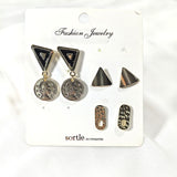 Ensemble de 3 Paires de Boucles d’Oreilles – Triangles Noirs, Pièces Médaille & Motifs Texturés – Style Chic & Moderne