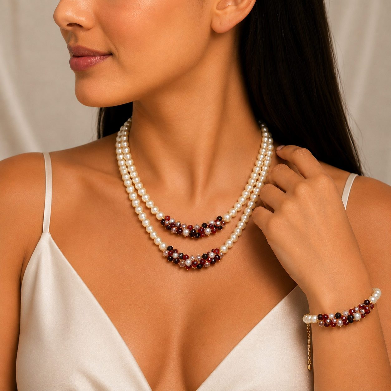 Parure Perles Nacrées & Grenats – Double Collier & Bracelet