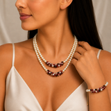 Parure Perles Nacrées & Grenats – Double Collier & Bracelet