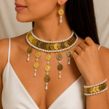 Parure Pièces d'Or & Perles – Collier, Bracelet & Boucles d'Oreilles