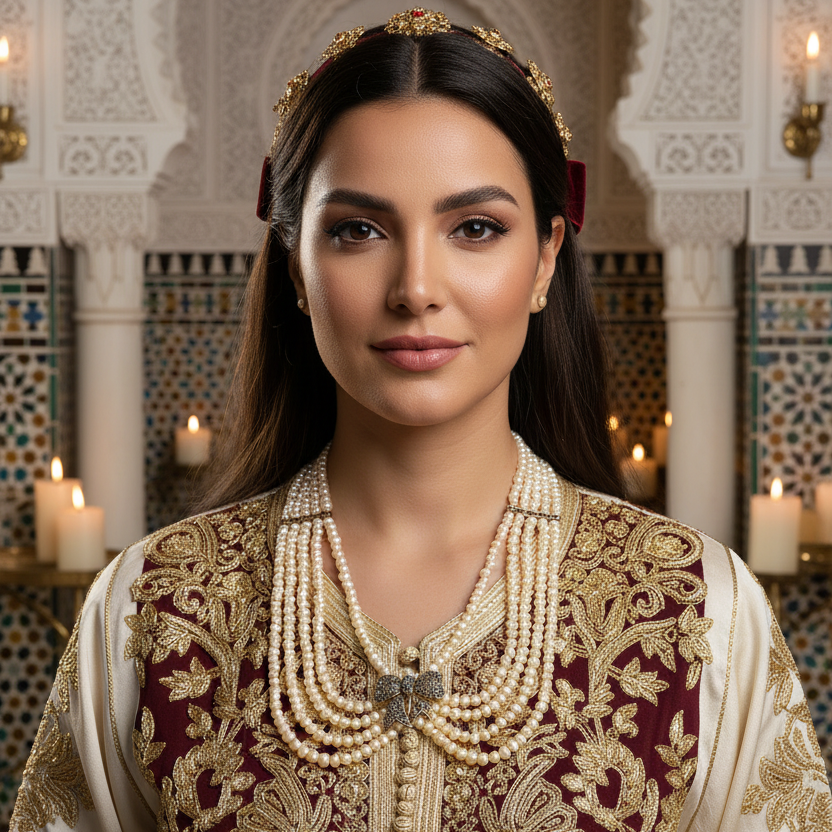Collier Multi-Rangs — Porté avec Visage, Décor Traditionnel