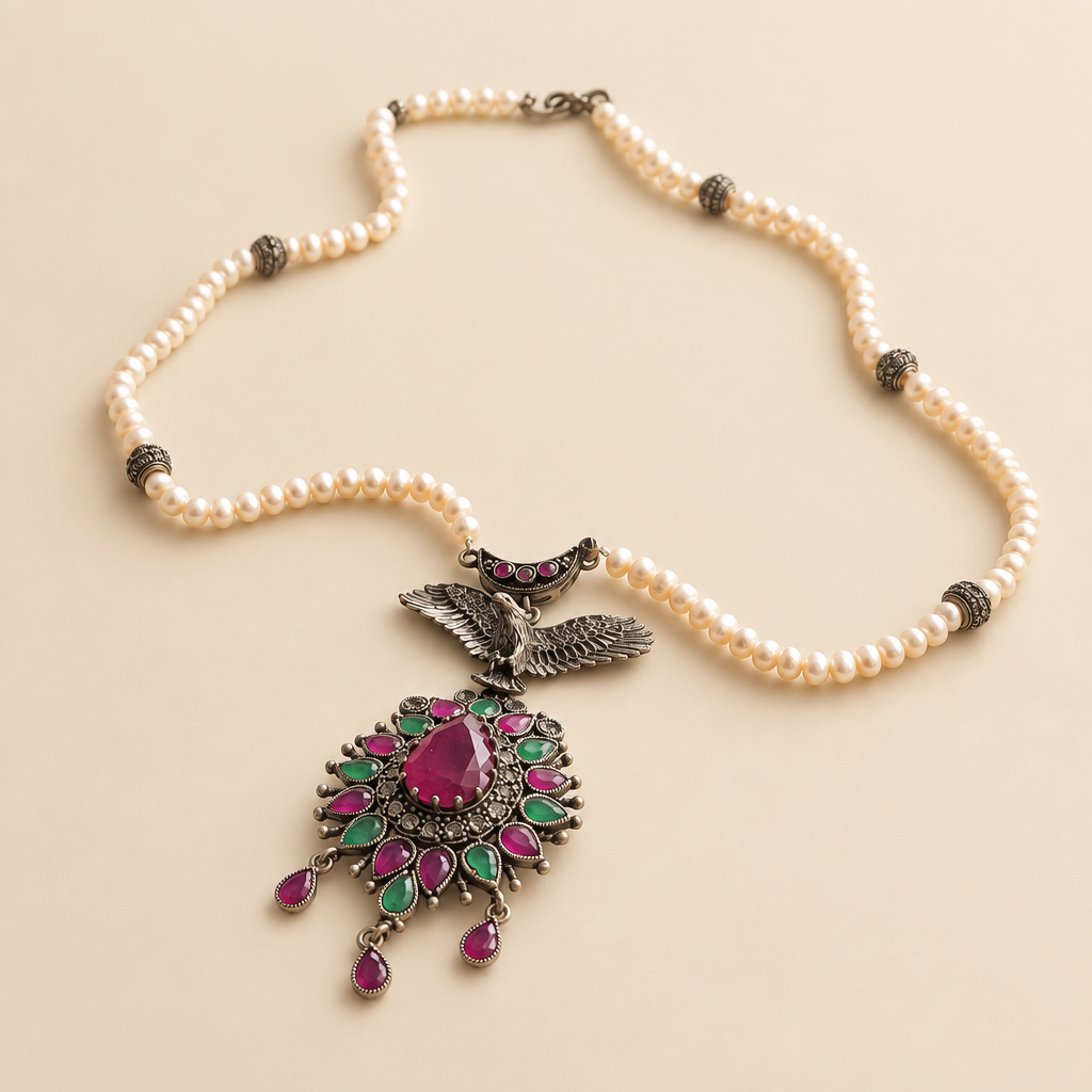 Collier à perles et pendentif ornemental sur fond ivoire champagne