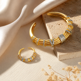 Parure Jonc & Bague Dorée – Manchette Bambou Zircons