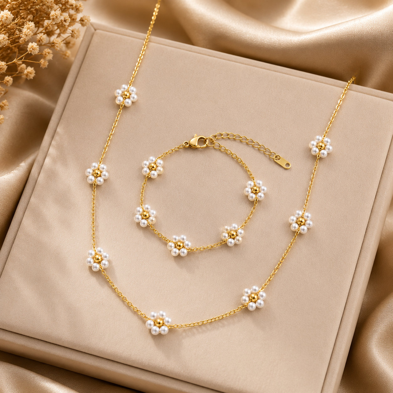 Pearl Flower Chain Set – Bracelet & Necklace