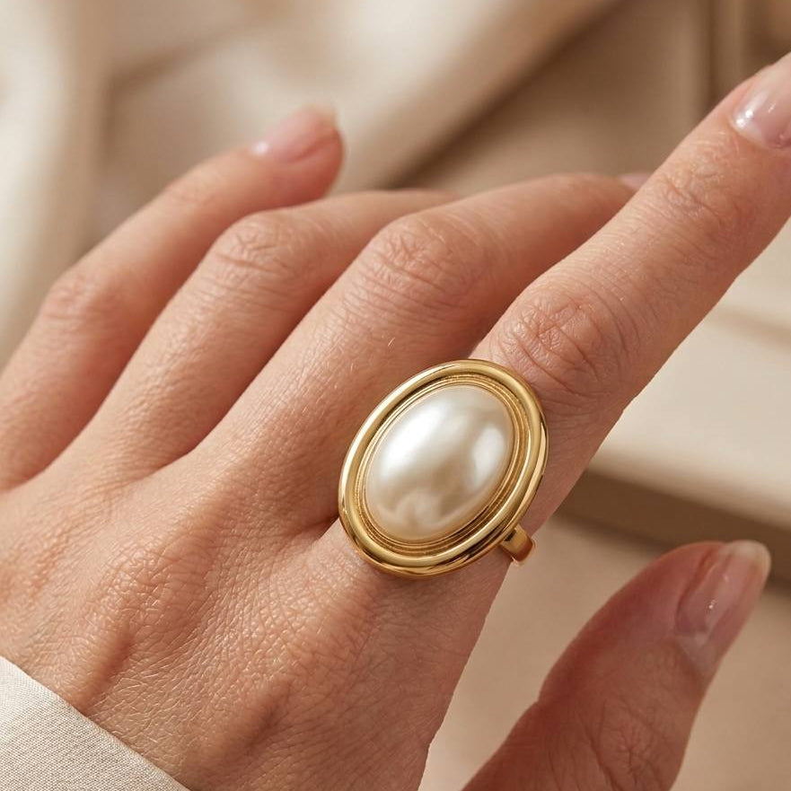 BAGUE PERLE BAROQUE – Monture Dorée & Acier Inoxydable | Ajustable