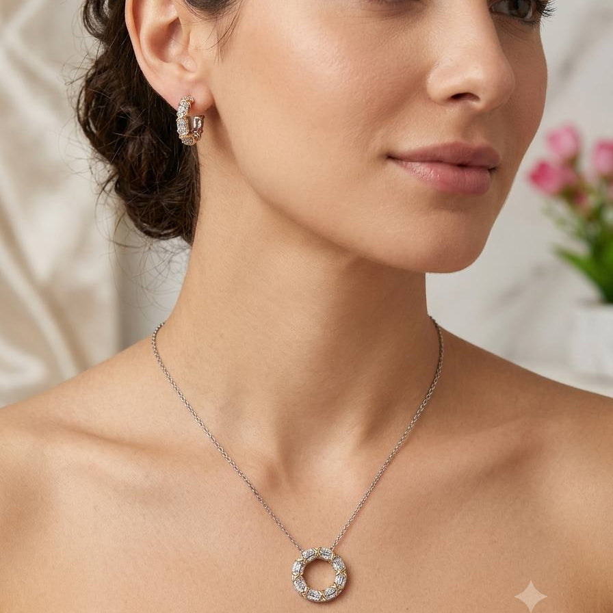 Parure Collier Cercle & Créoles Pavées – Or Rosé