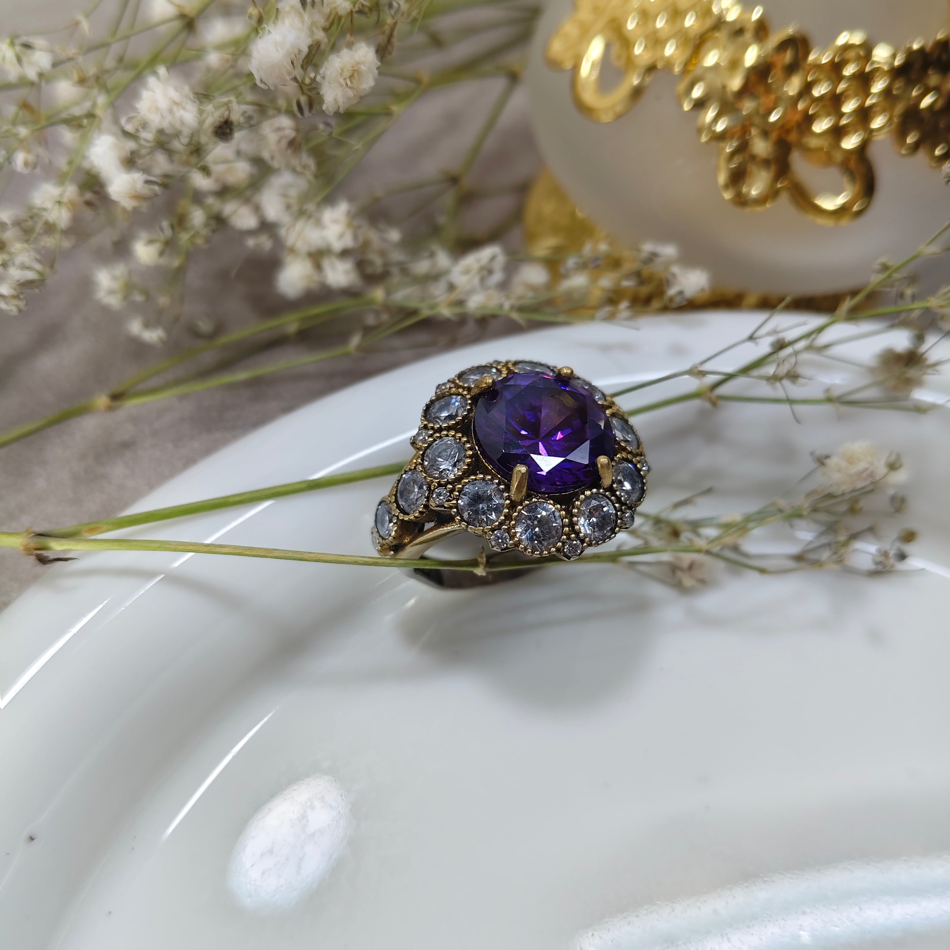 Antique Elegance Ring – Silver and Bronze with Violet Stone