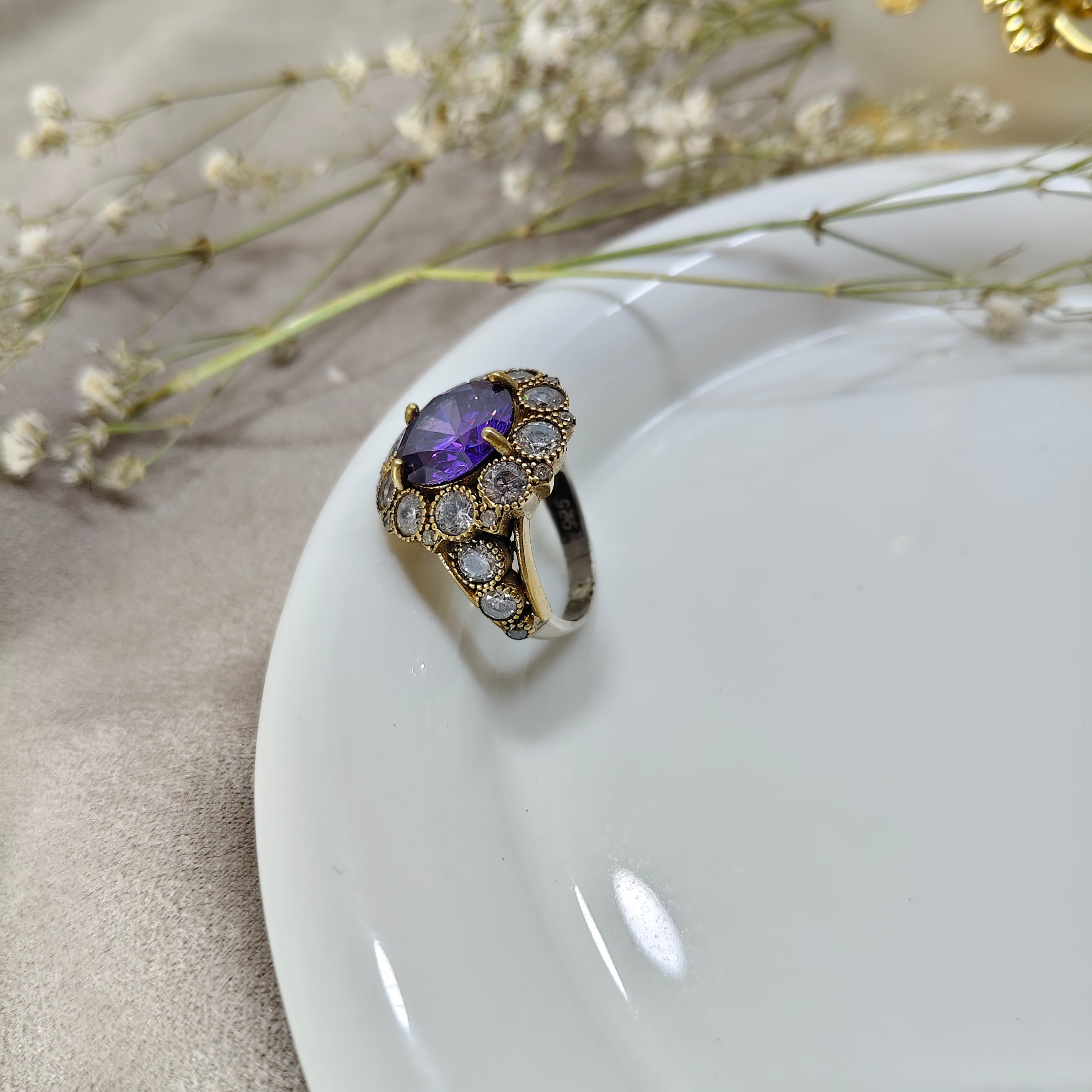 Antique Elegance Ring – Silver and Bronze with Violet Stone