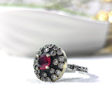 Bague Antique Ronde en Argent & Bronze – Pierre Centrale Colorée et Cristaux