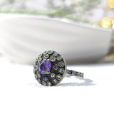 Bague Antique Ronde en Argent & Bronze – Pierre Centrale Colorée et Cristaux