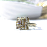 Bague Antique Carrée en Argent & Bronze – Cristaux et Pierres Violettes