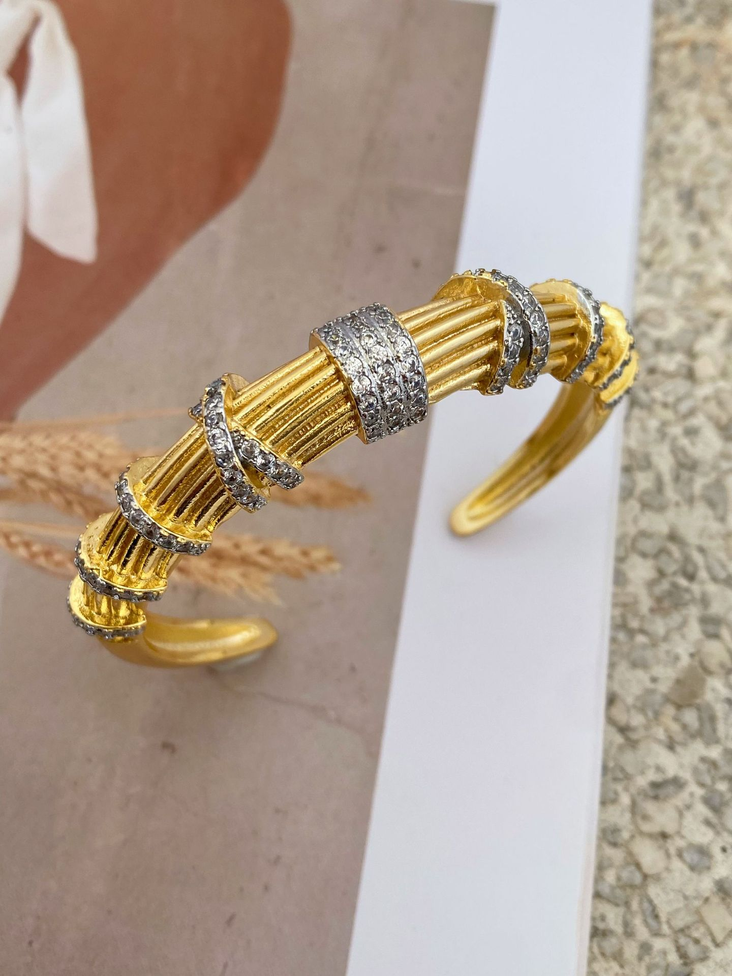 Parure Jonc & Bague Dorée – Manchette Bambou Zircons